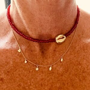 New So Cool Boho The Side Shell Glass Beaded Necklace Red Gold